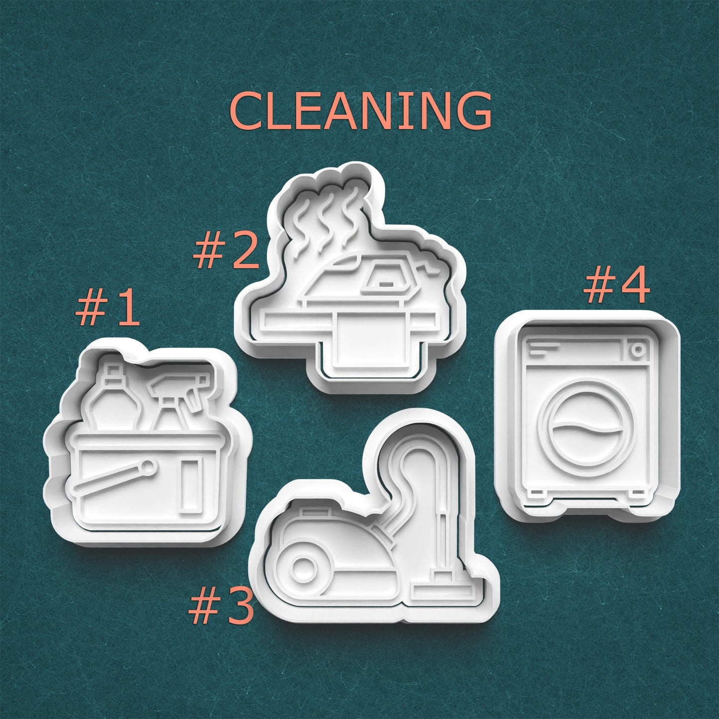 Four cleaning-themed cookie cutters on a teal background with 'CLEANING' text above.