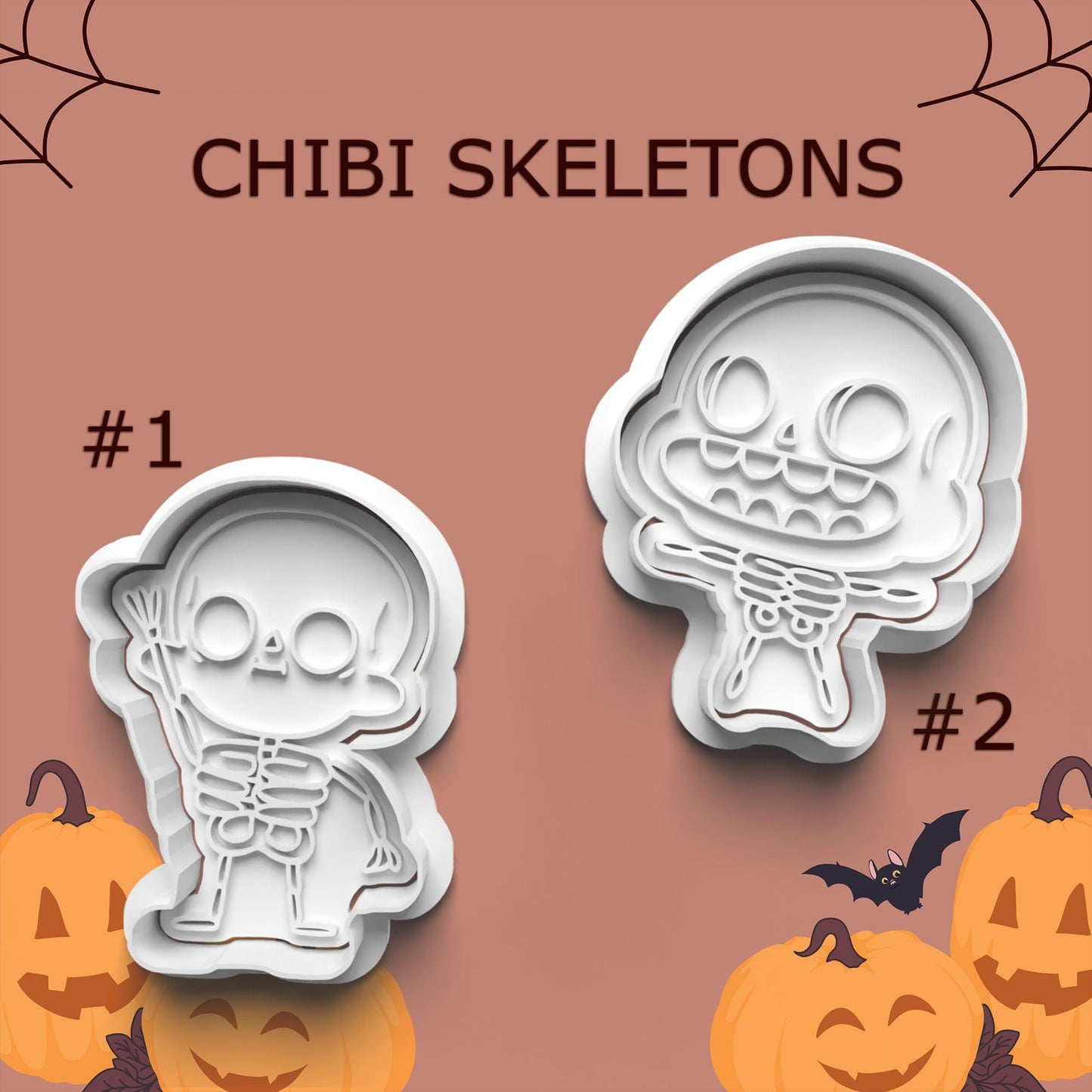 Chibi Skeleton Cookie Cutter & Stamp Set – 2 Styles Available