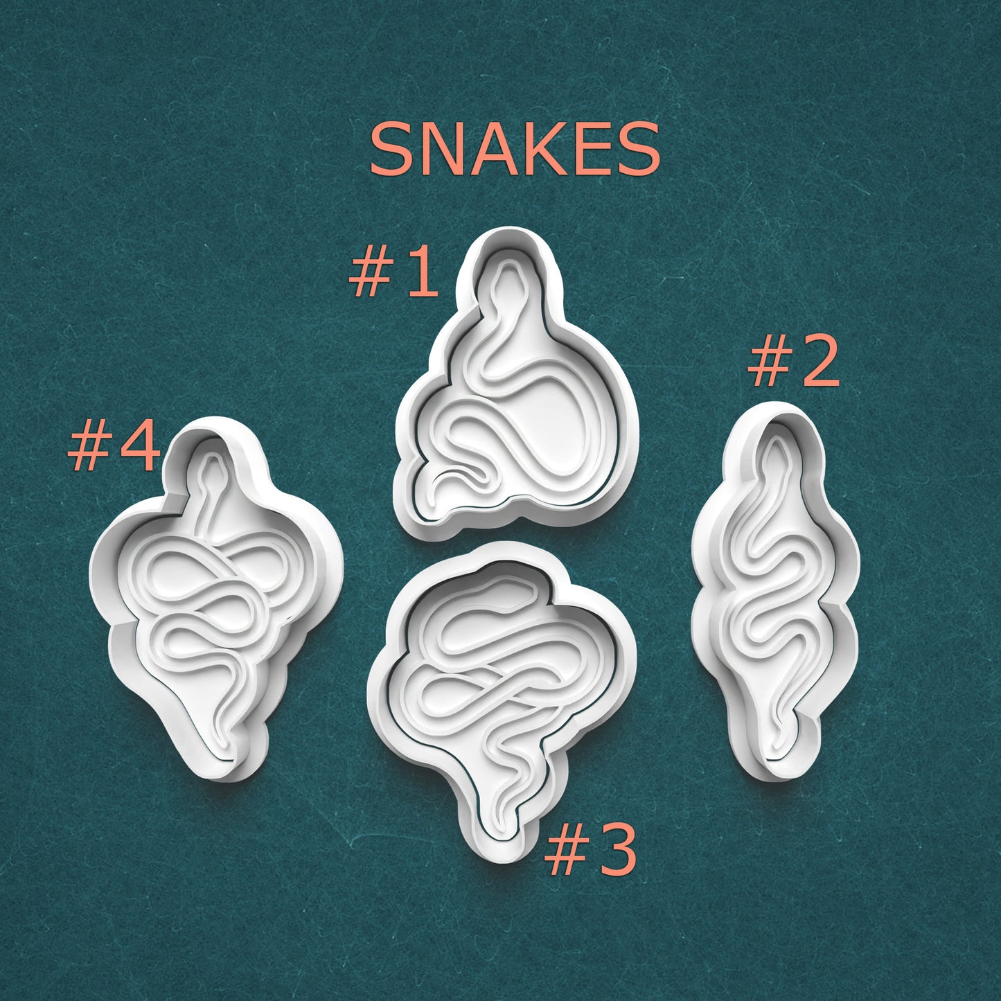 Four snake-shaped cookie cutters on a textured teal background