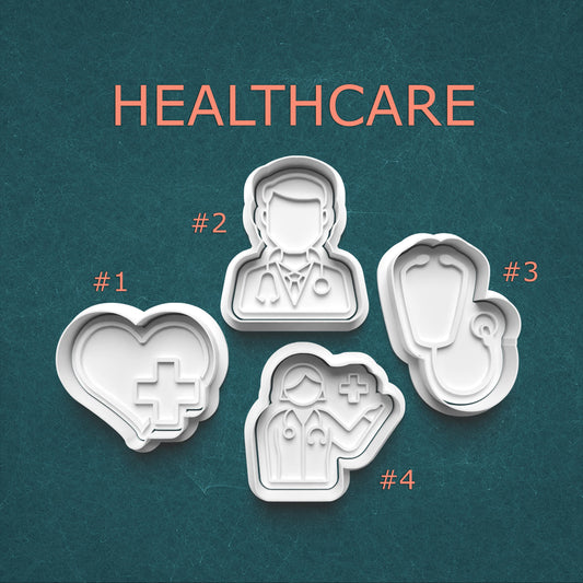Four cookie cutters shaped like medical professionals on a teal background with 'HEALTHCARE' text.
