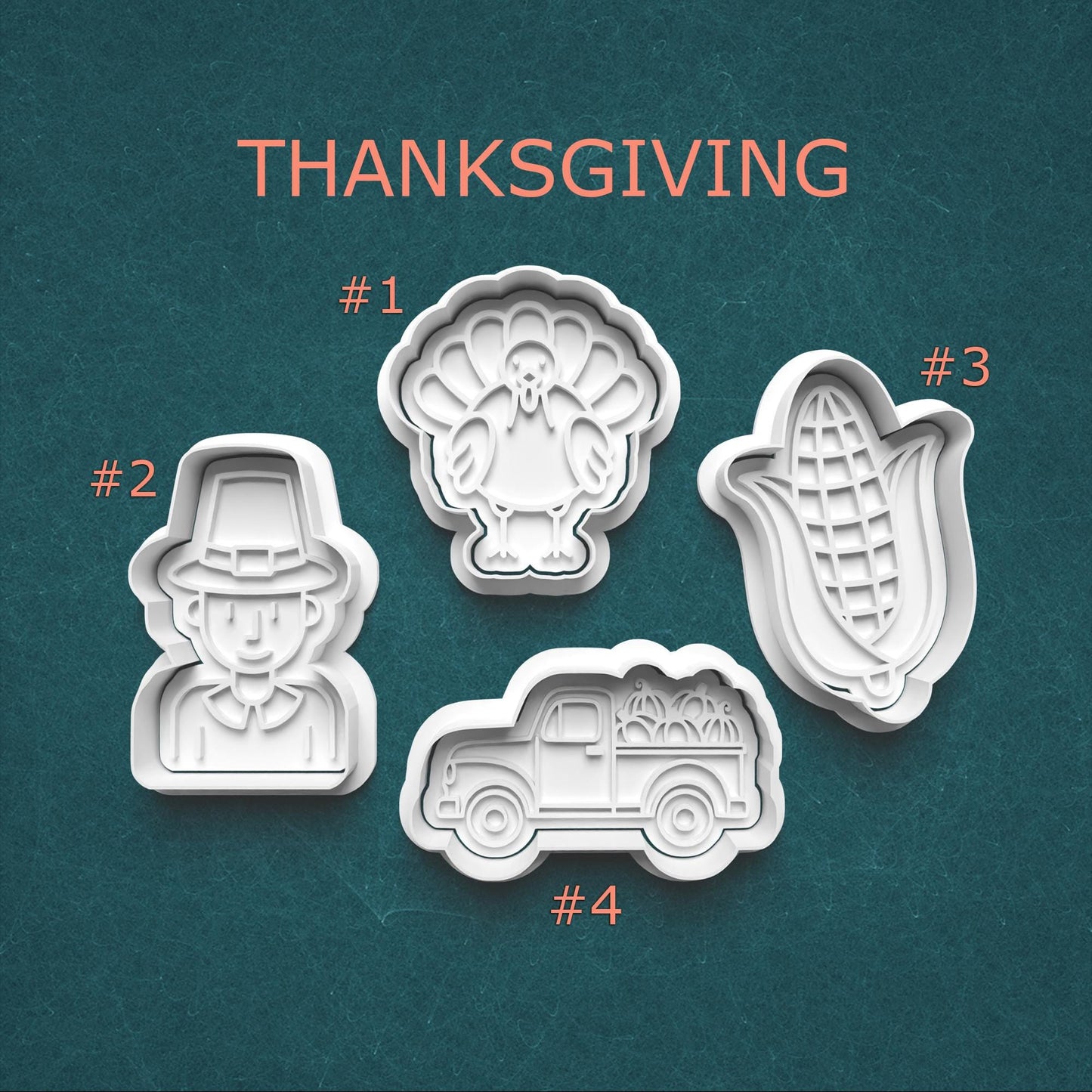 Four Thanksgiving-themed cookie cutters on a teal background with 'THANKSGIVING' text.