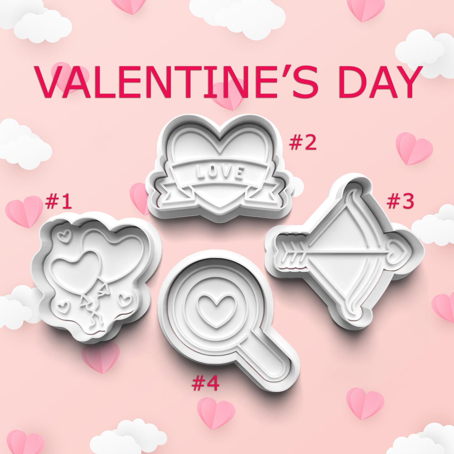 Set of Valentine's Day cookie cutters on a pink background with hearts and clouds.