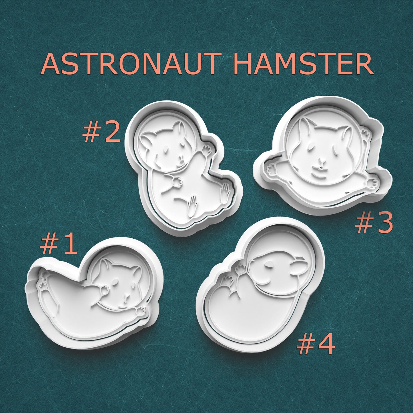 Four astronaut hamster cookie cutters with numbers on a teal background
