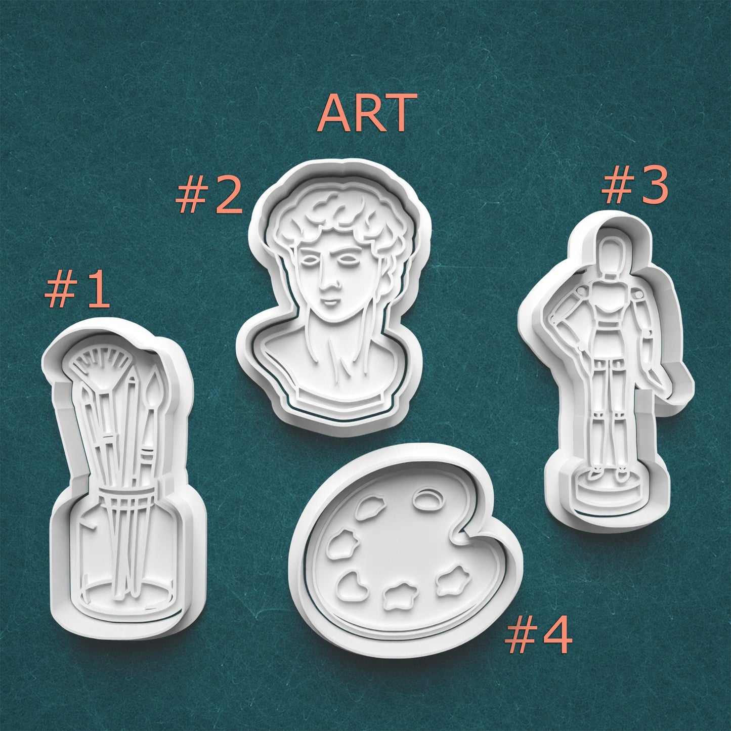 Set of four artistic cookie cutters with different designs on a teal background.