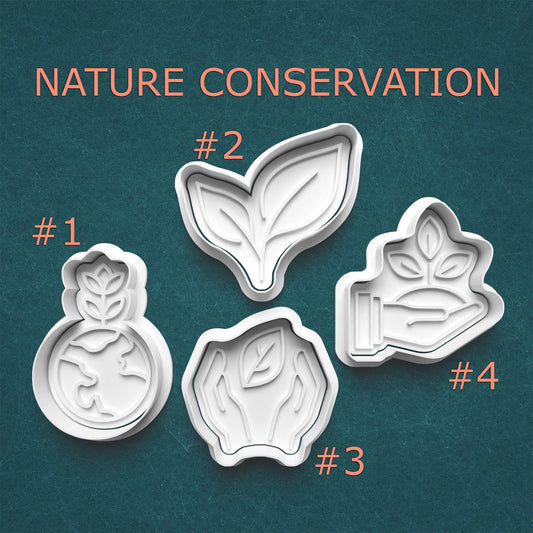 Four nature-themed cookie cutters with leaf designs on a teal background, labeled 'Nature Conservation'.