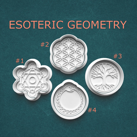 Four esoteric geometric designs on a teal background with 'Esoteric Geometry' text.