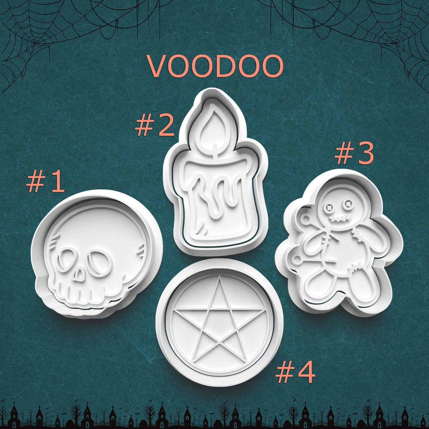 Set of four Voodoo-themed cookie cutters on a Halloween-themed background.