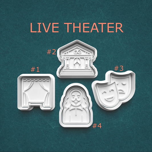 Set of cookie cutters shaped like theater elements on a teal background with 'Live Theater' text.