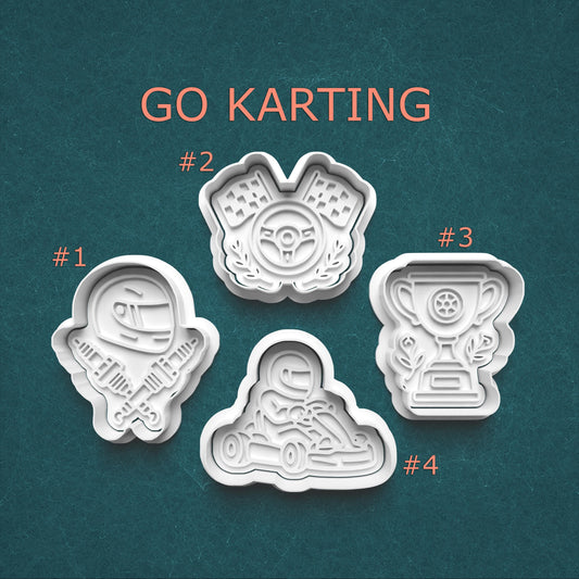 Four go karting-themed cookie cutters on a teal background with 'GO KARTING' text.