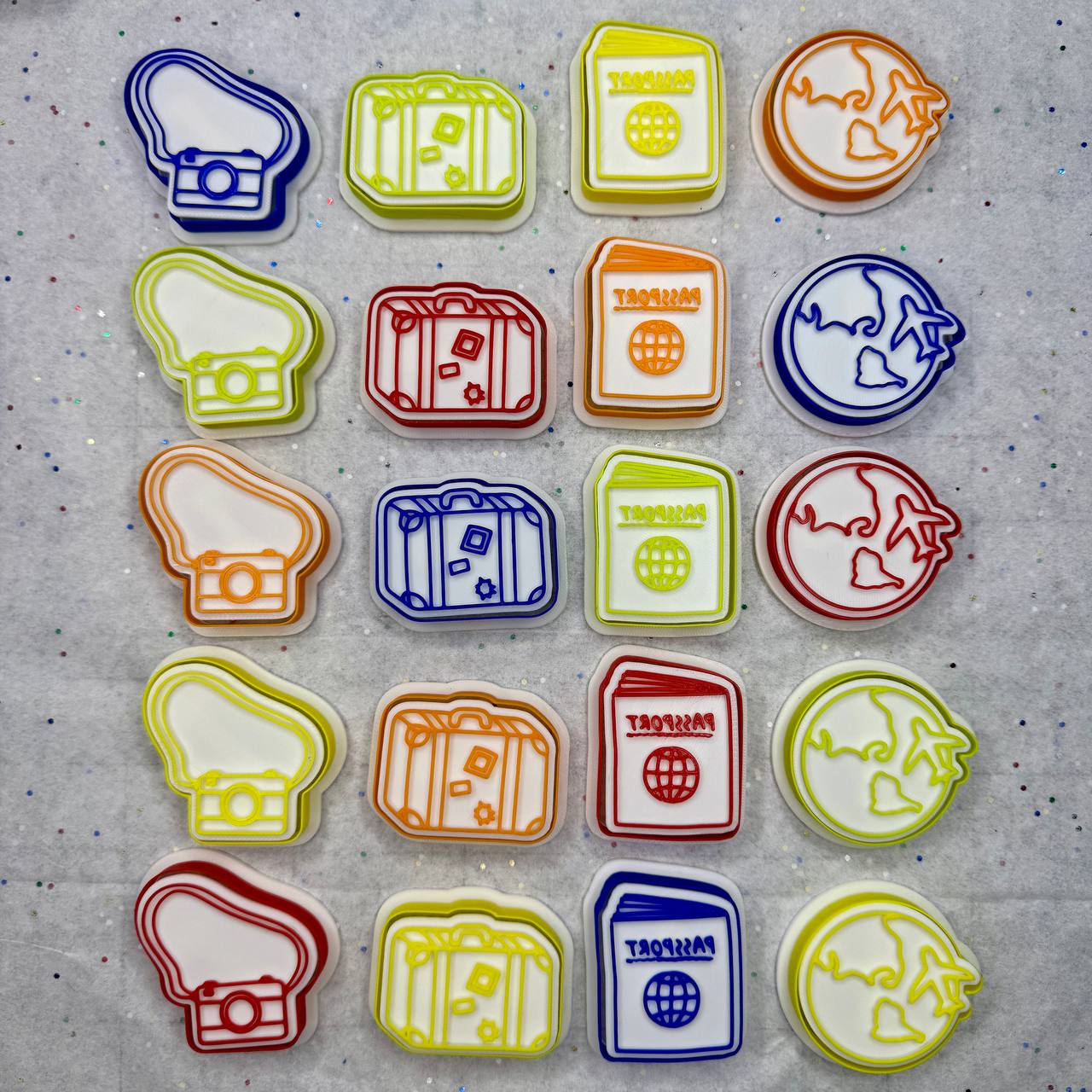 Globetrotter Cookie Cutters – Travel Set with Camera, Passport, Globe & Suitcase (Tiny to Large)