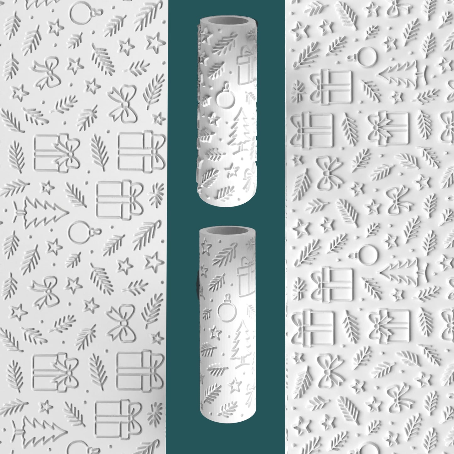 Decorative roll with embossed Christmas patterns on a white background