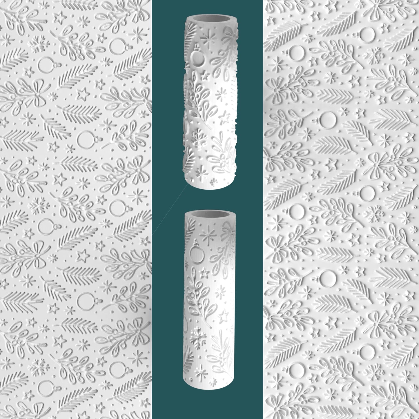 Decorative cylindrical vase with embossed patterns on a white background with similar patterns.