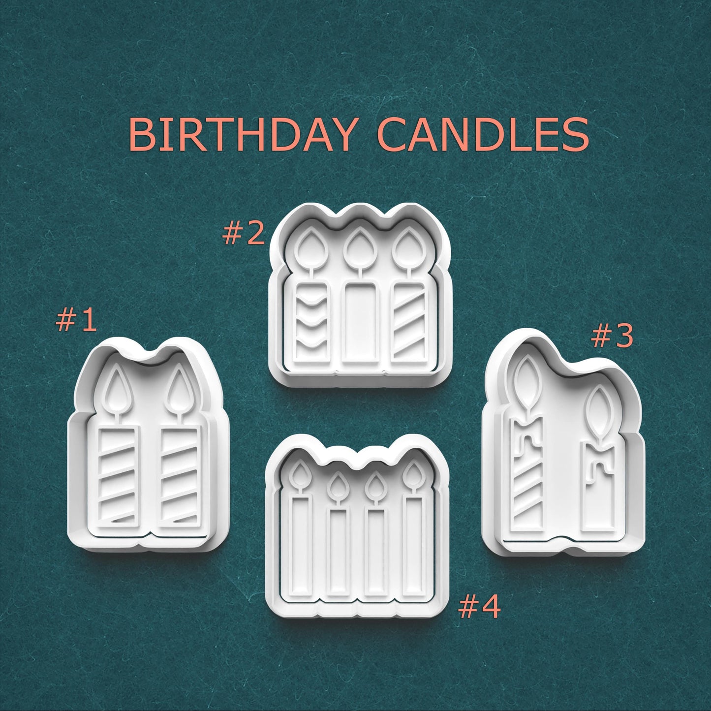 Four different designs of birthday candle-shaped cookie cutters on a teal background with 'Birthday Candles' text.