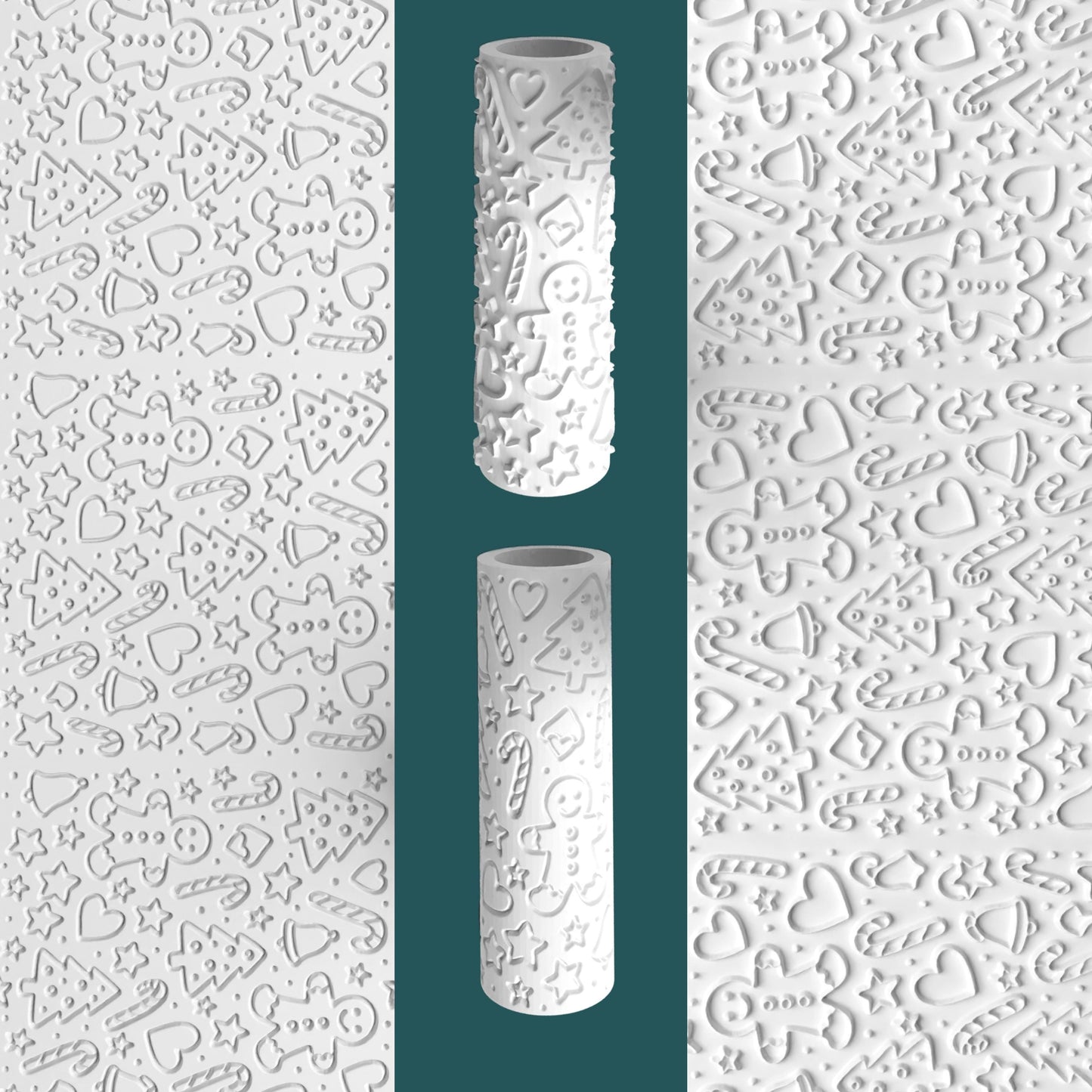 Two cylindrical cookie cutters with embossed designs on a white background