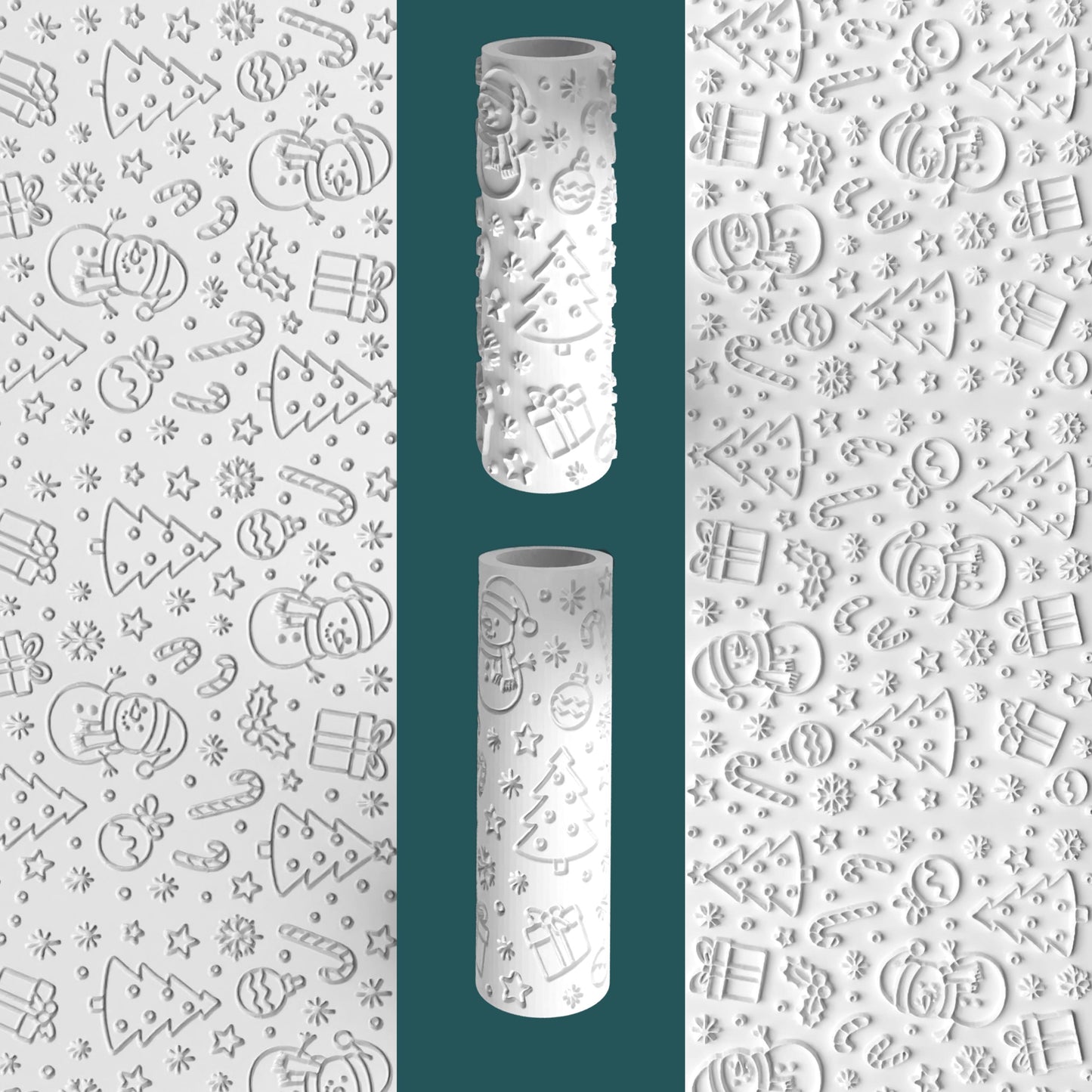Decorative rolls with Christmas patterns and two cylindrical paper rolls.