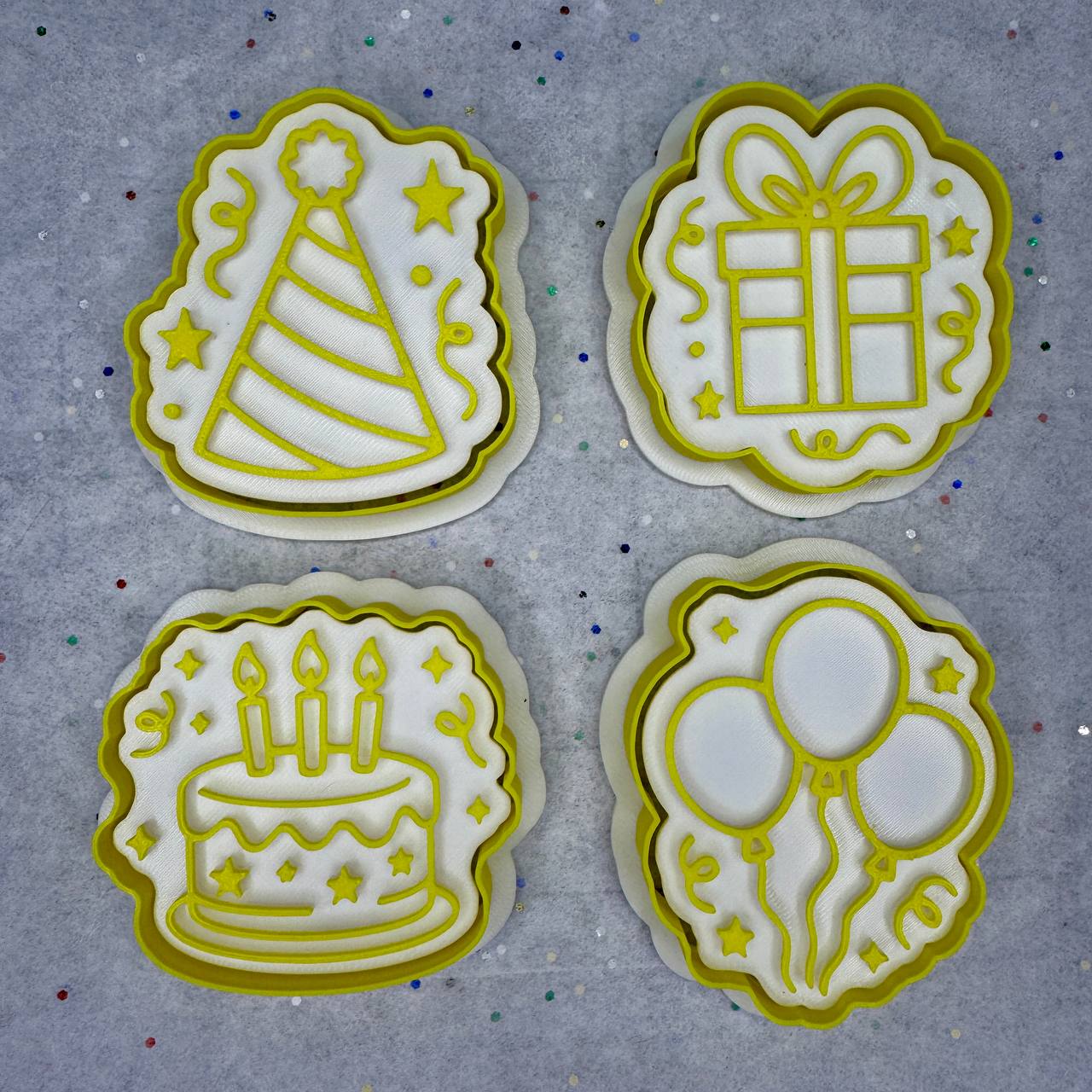 Birthday Celebration Cookie Cutter & Stamp Set – 4 Party Icons