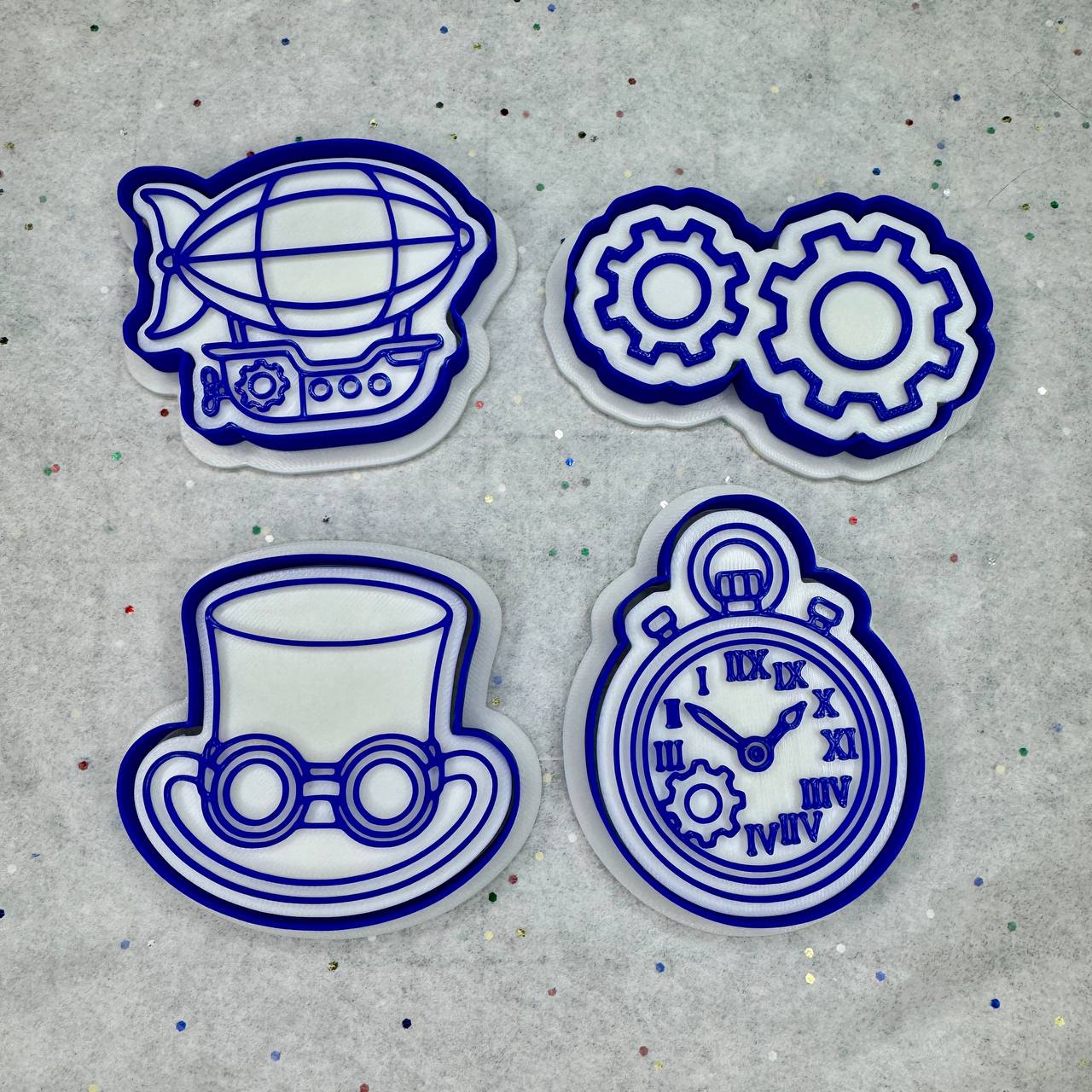Steampunk Cookie Cutter & Stamp Set – Gears, Airship, Pocket Watch & Hat