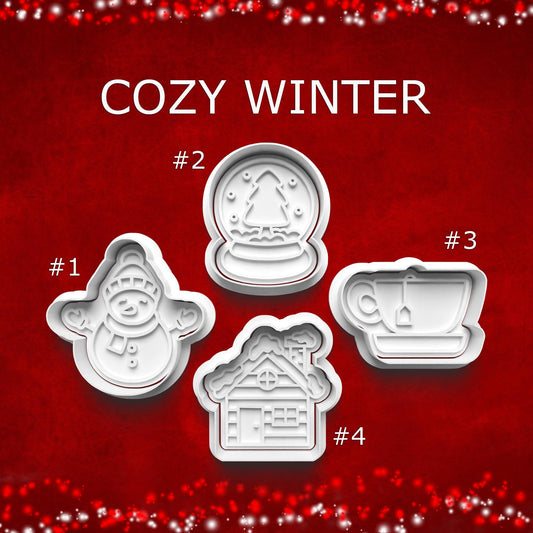 Cozy Winter Cookie Cutter Set – Snowman, Snow Globe, Tea Cup, Cabin