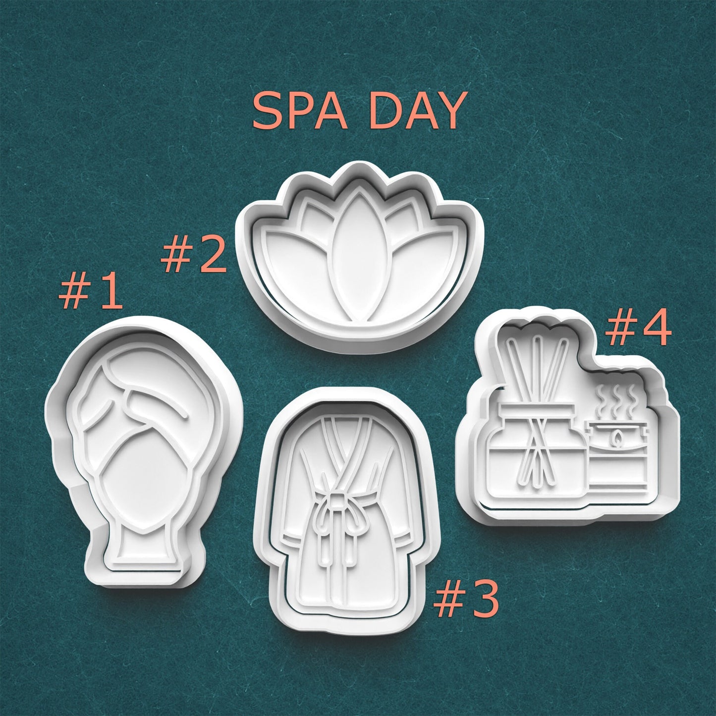 Set of four cookie cutters with spa-themed designs on a teal background.