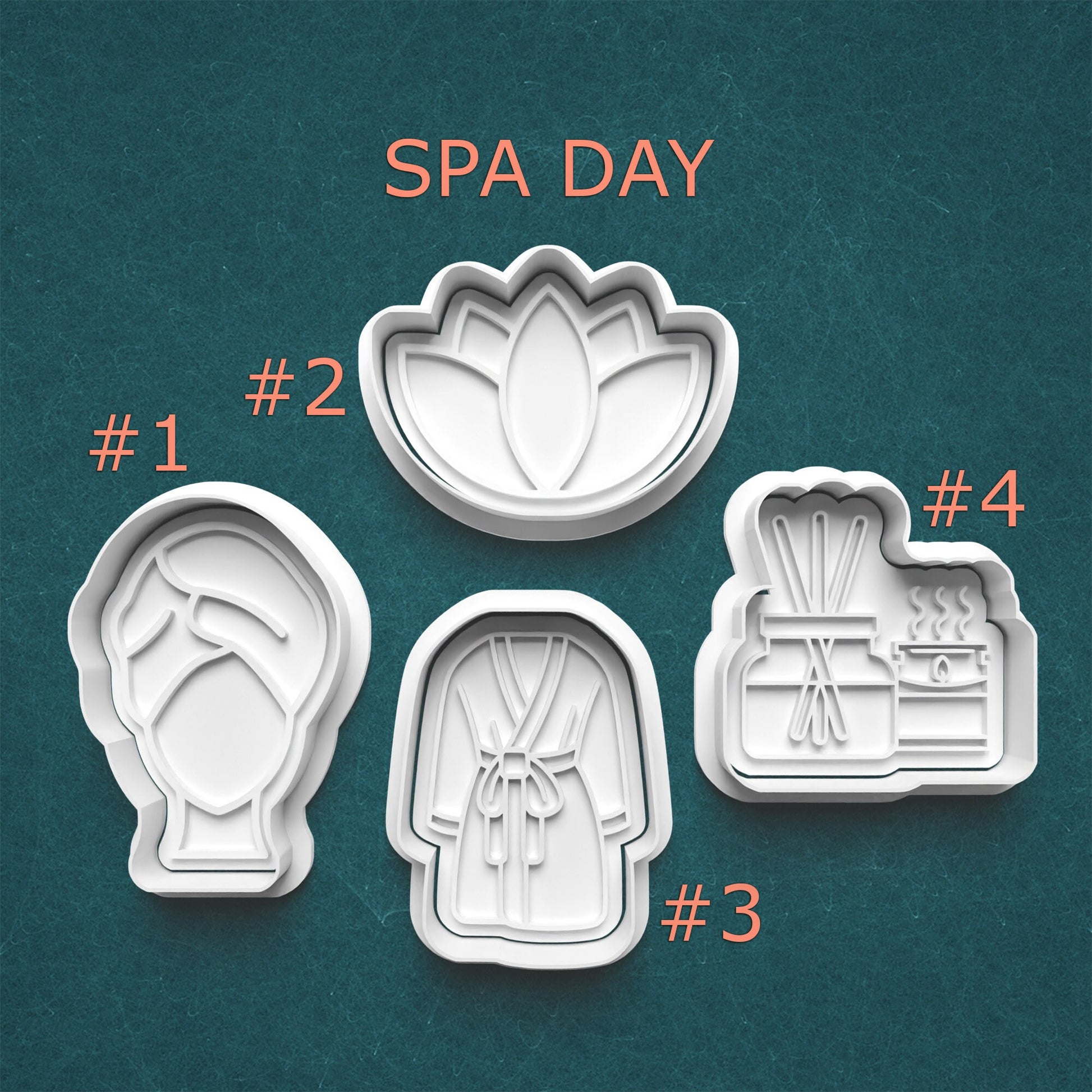 Set of four cookie cutters with spa-themed designs on a teal background.