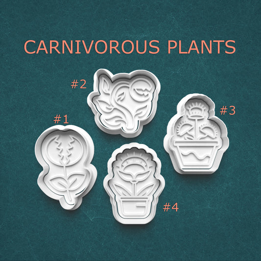 Set of four cookie cutters shaped like carnivorous plants on a teal background with 'Carnivorous Plants' text.