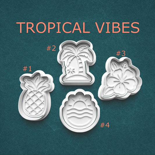 Tropical Vibes Cookie Cutter and Stamp Set ~ Pineapple ~ Palm Tree ~ Hibiscus ~ Sunset