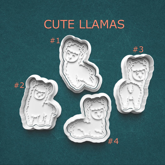 Four llama-shaped cookie cutters on a teal background with 'Cute Llamas' text.