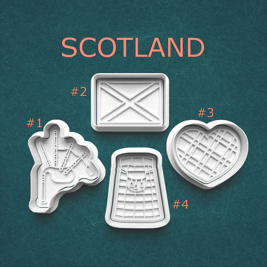 Scotland Cookie Cutter Set – Flag, Bagpipes, Kilt & Tartan Heart