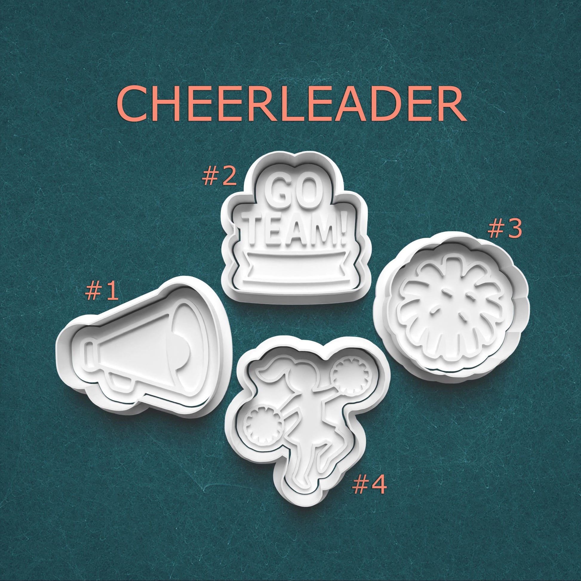 Set of four cheerleader-themed cookie cutters on a teal background with 'CHEERLEADER' text.