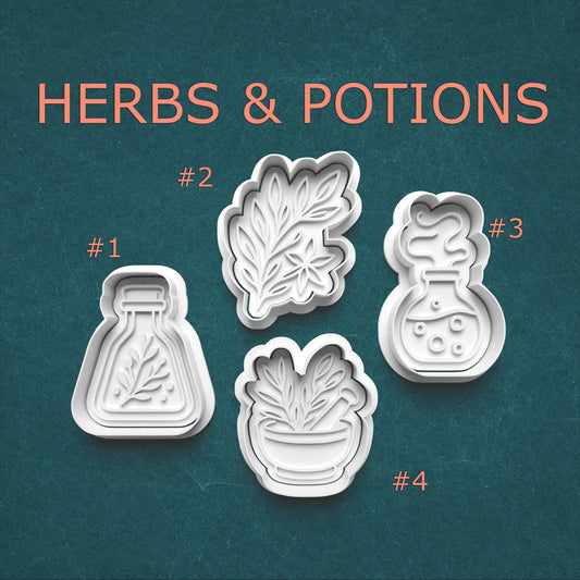 Set of cookie cutters shaped like herbs and potions on a teal background with 'HERBS & POTIONS' text.