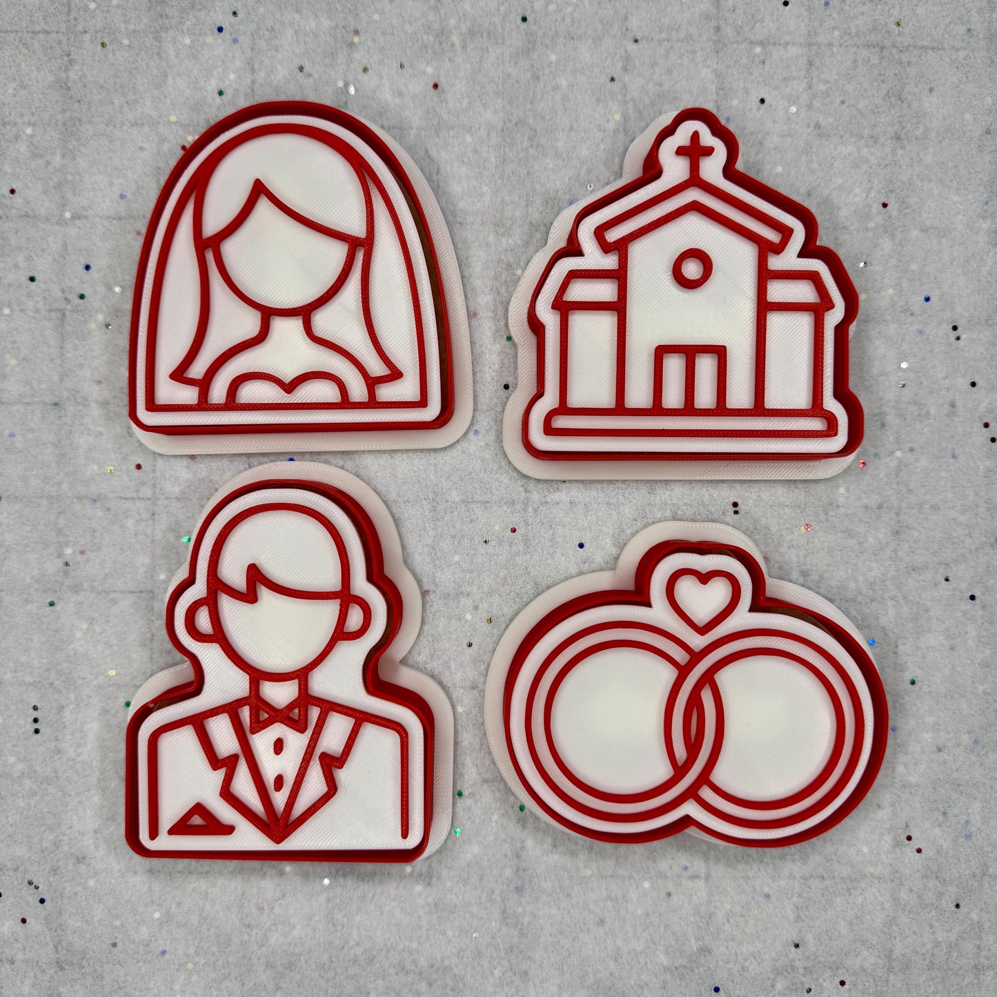 Wedding Cookie Cutter & Stamp Set – Bride, Groom, Chapel & Rings | 4 Styles Available