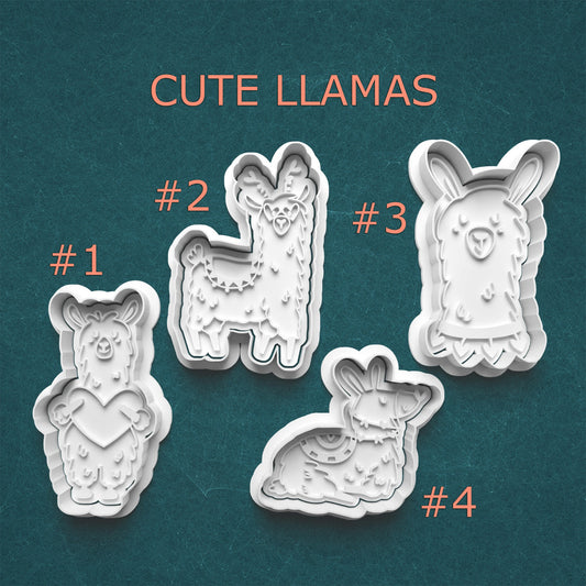 Set of four cute llama-shaped cookie cutters on a teal background