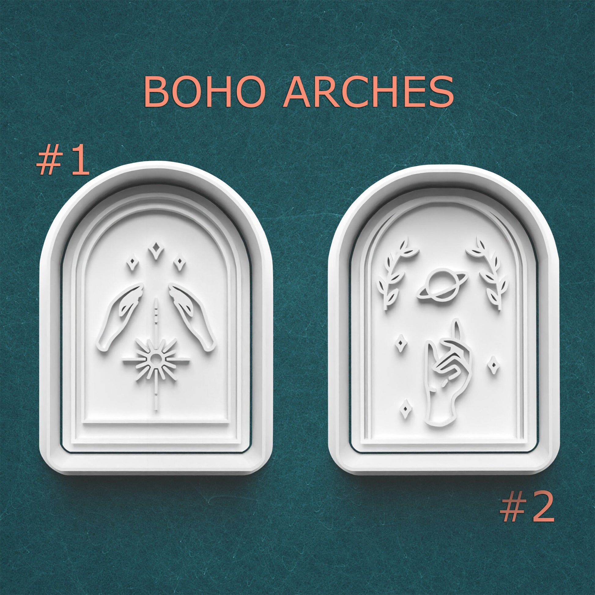 Two white arch-shaped molds with decorative patterns on a teal background, labeled 'Boho Arches'.