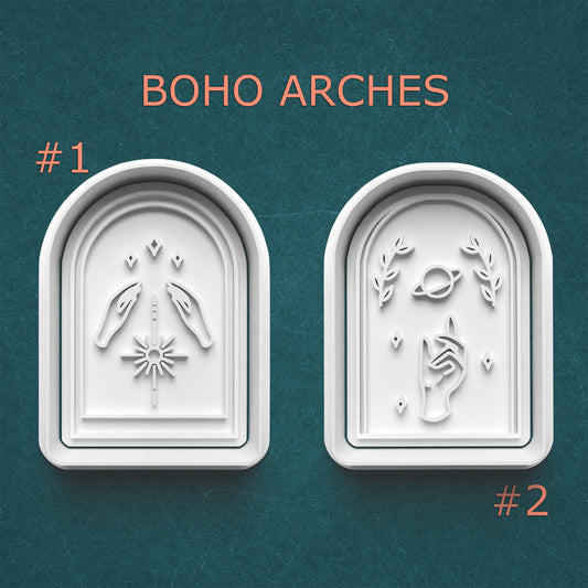 Two white arch-shaped molds with decorative patterns on a teal background, labeled 'Boho Arches'.