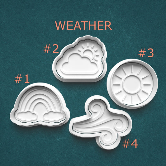 Four weather-themed cookie cutters on a teal background with 'WEATHER' at the top.