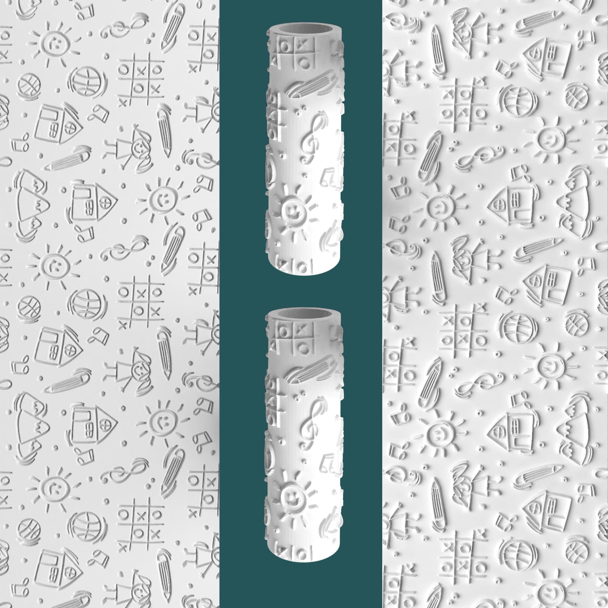 Decorative cylindrical objects with patterns on a white background with geometric designs.