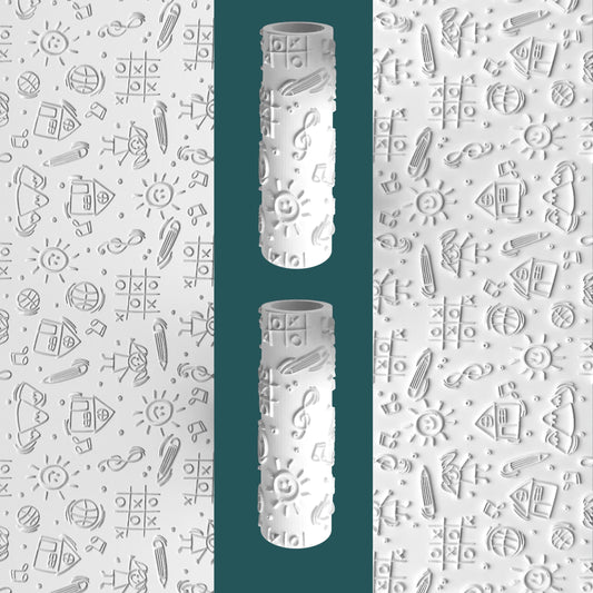 Decorative cylindrical objects with patterns on a white background with geometric designs.