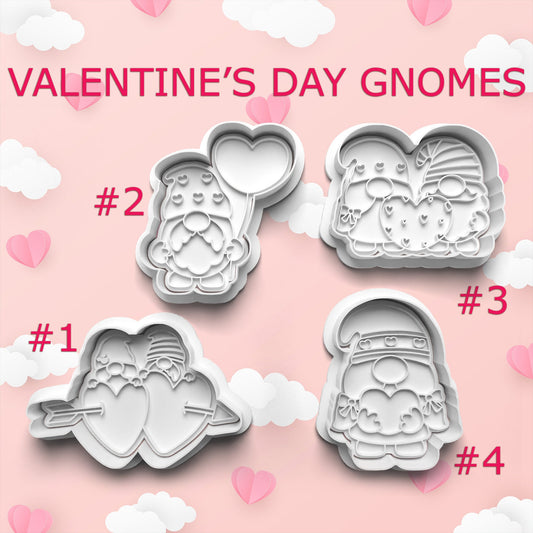 Valentine's Day gnome-themed cookie cutters on a pink background with hearts and clouds.