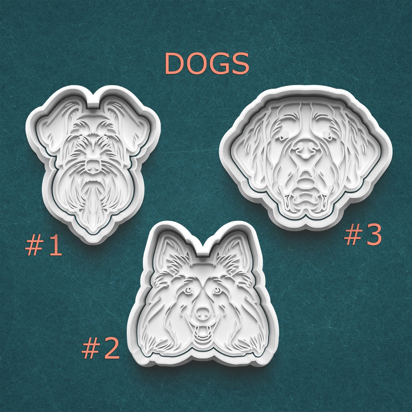Three dog-shaped cookie cutters on a teal background with 'DOGS' text above them.