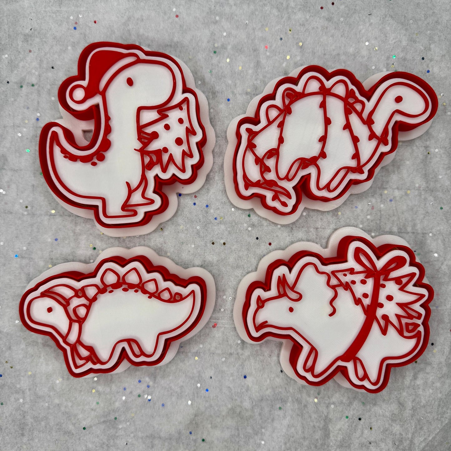 Christmas Dinosaur Cookie Cutters – Set of 4 Prehistoric Holiday Designs
