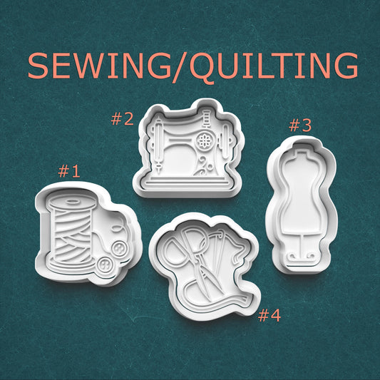 Four sewing/quilting-themed cookie cutters on a teal background with 'SEWING/QUILTING' text.