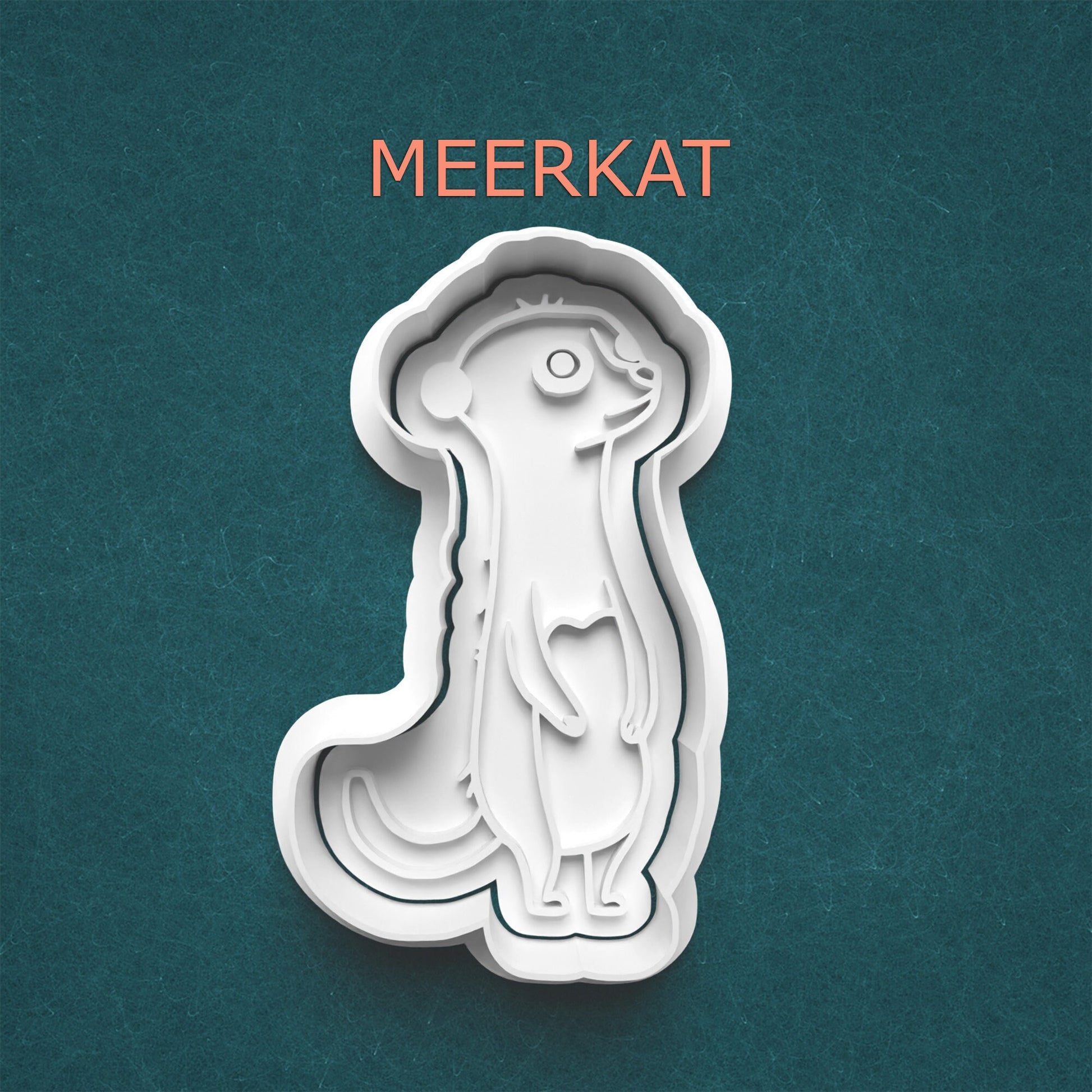 Meerkat-shaped cookie cutter on a teal background with 'MEERKAT' text.