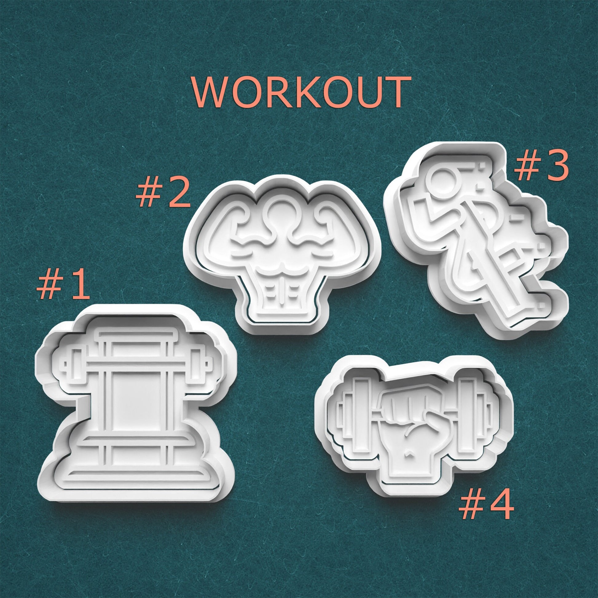 Four white cookie cutters shaped like body parts on a teal background with 'WORKOUT' text.