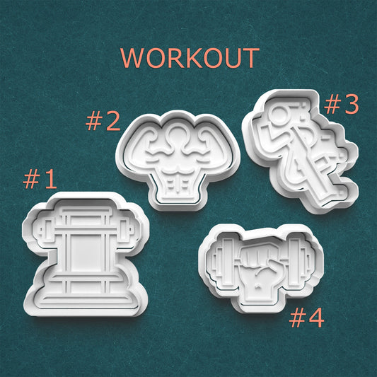 Four white cookie cutters shaped like body parts on a teal background with 'WORKOUT' text.