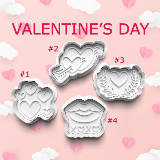 Set of Valentine's Day cookie cutters on a pink background with hearts and clouds.