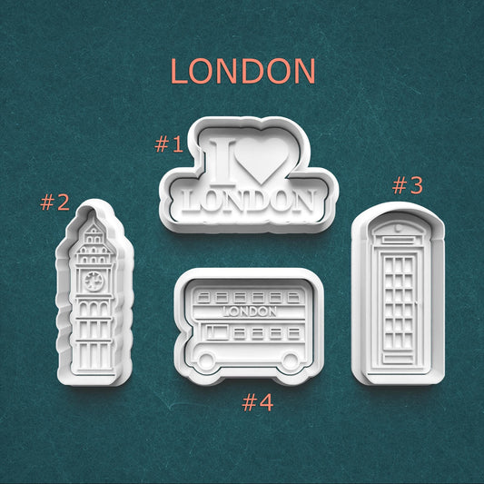 Set of London-themed cookie cutters on a teal background