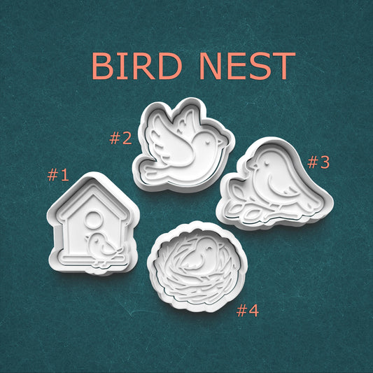 Set of four bird-themed cookie cutters on a teal background with 'BIRD NEST' text.