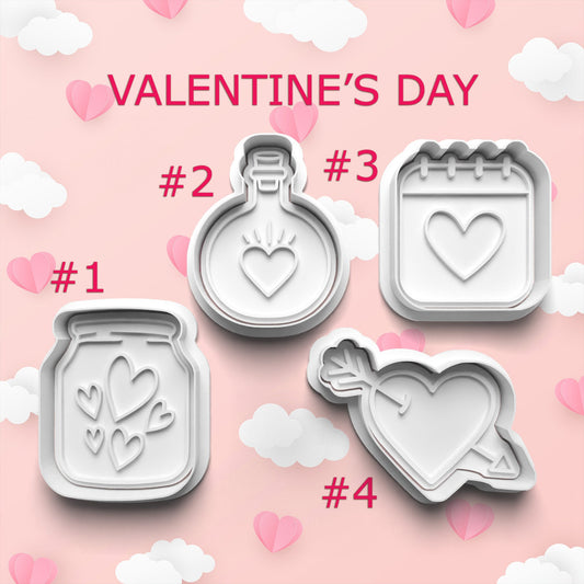Valentine's Day cookie cutters with heart and jar designs on a pink background with hearts and clouds.