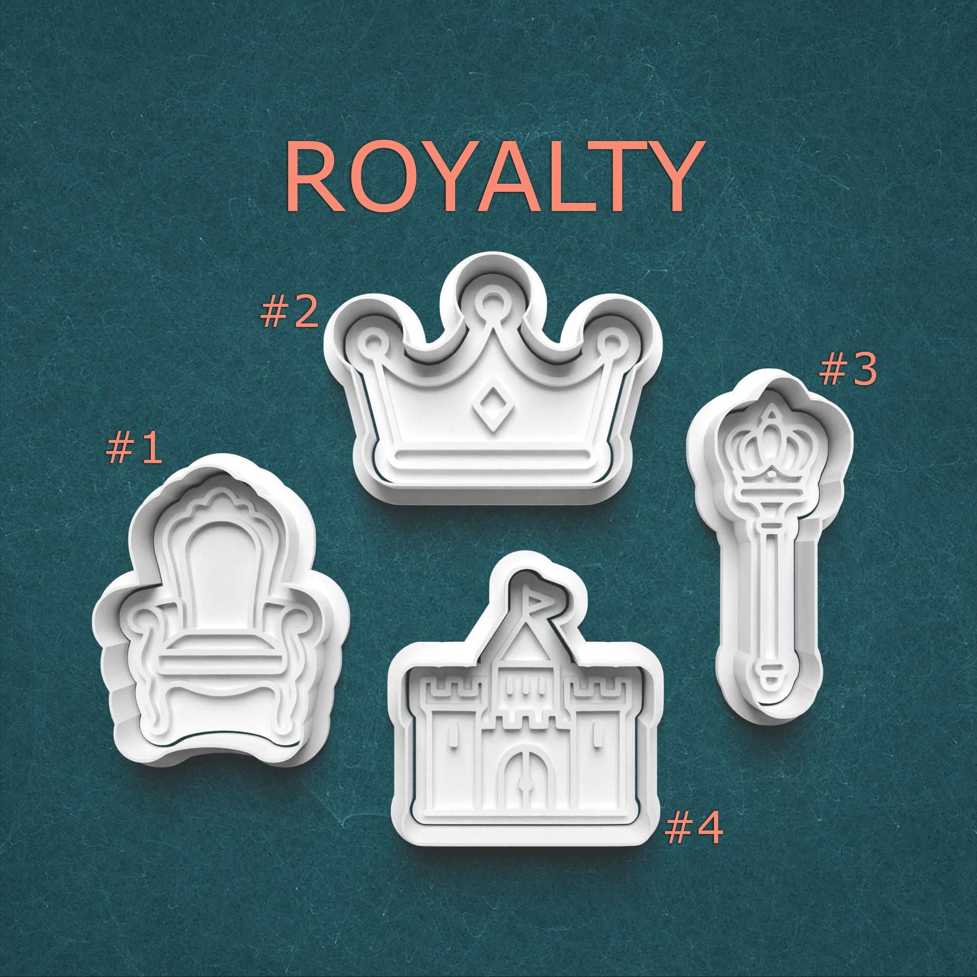 Set of cookie cutters shaped like a throne, crown, castle, and scepter on a teal background with 'ROYALTY' text.