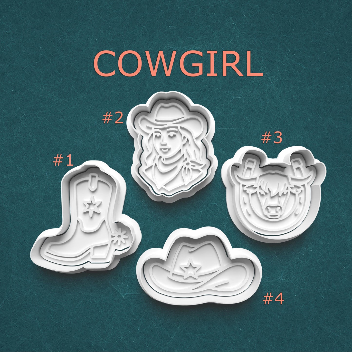 Set of cowgirl-themed cookie cutters on a teal background with 'COWGIRL' text.